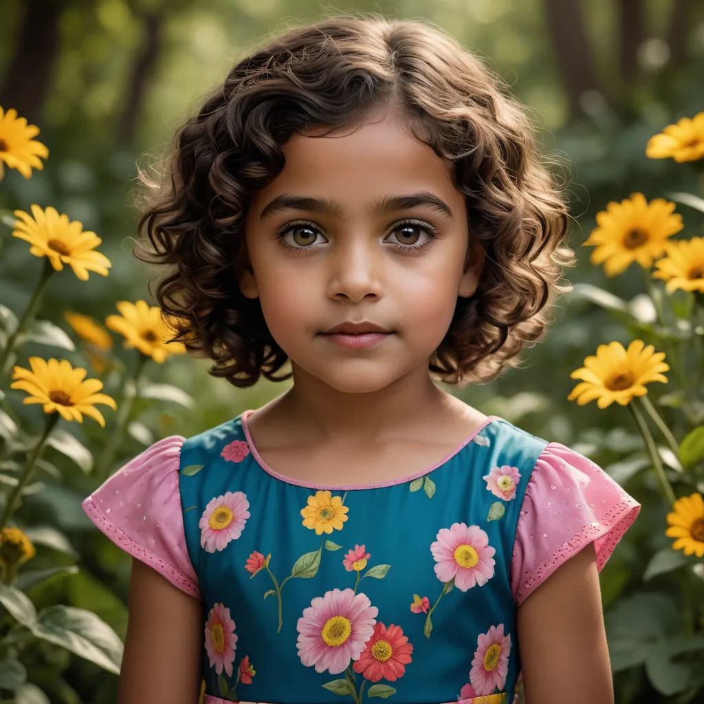 a little girl standing in a field of sunflowers with a blue dress on and a pink top, samikshavad, a character portrait, Ella Guru, portrait photography