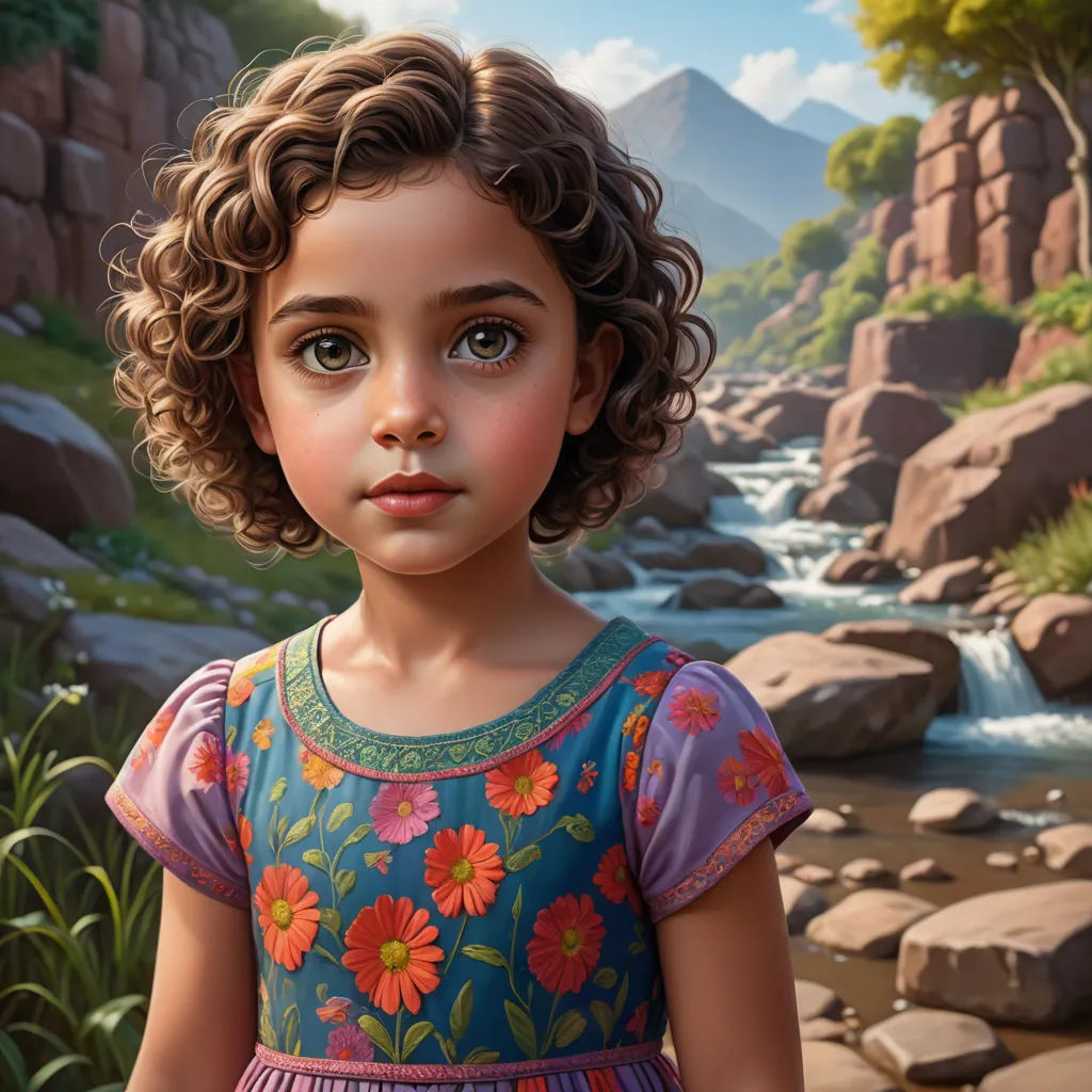 a painting of a little girl in a dress by a stream of water and rocks with mountains in the background, photorealism, an oil painting, Ella Guru, cgstudio