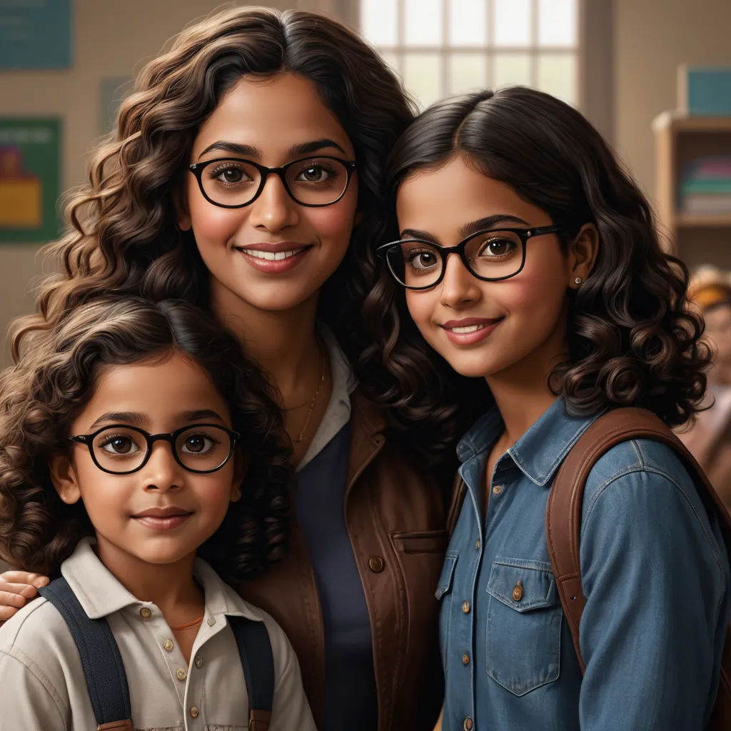 a woman and two children are posing for a picture together in a classroom with a teacher in the background, samikshavad, a digital rendering, Ella Guru, promotional image