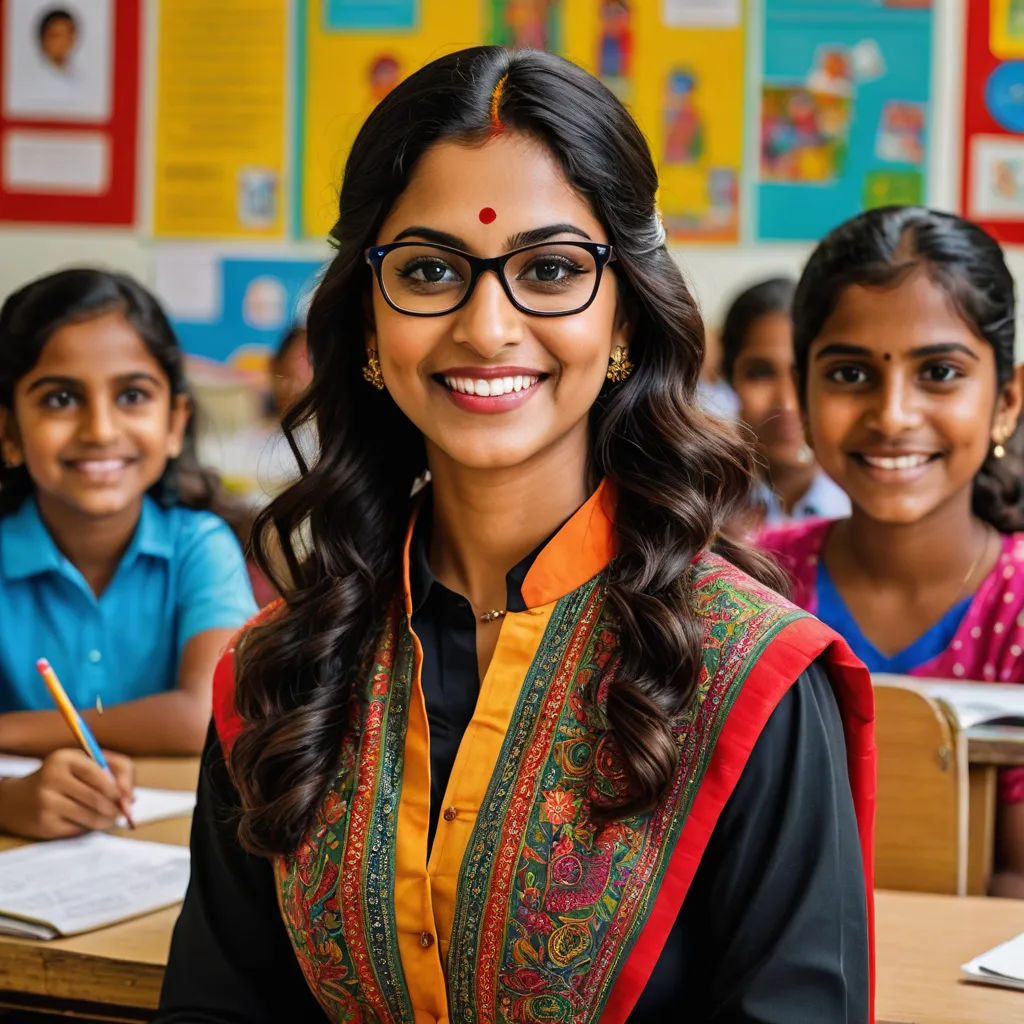 a woman in glasses sitting at a desk in front of a group of children in a classroom with posters on the wall, danube school, a stock photo, Ella Guru, promotional image