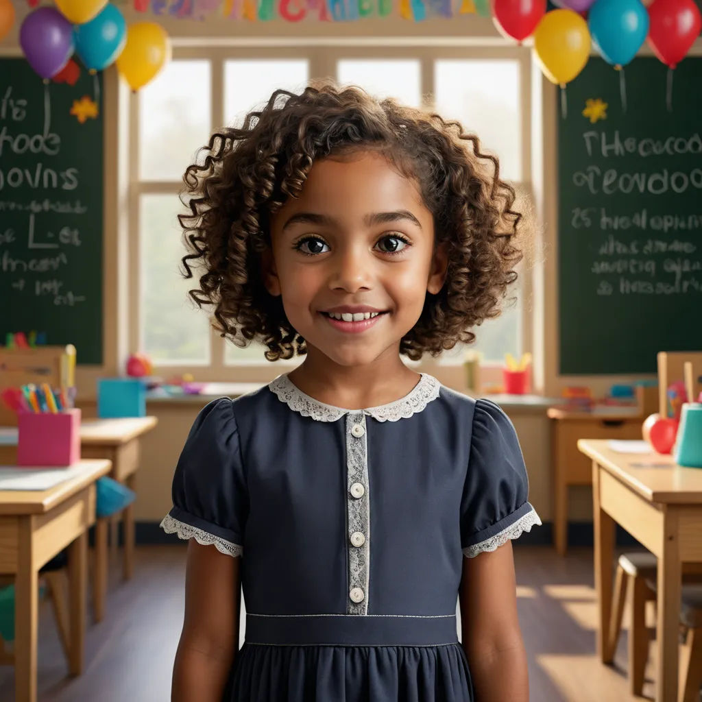 a young girl standing in a classroom with balloons and a chalkboard in the background with a birthday cake on it, photorealism, a character portrait, Chris LaBrooy, promotional image