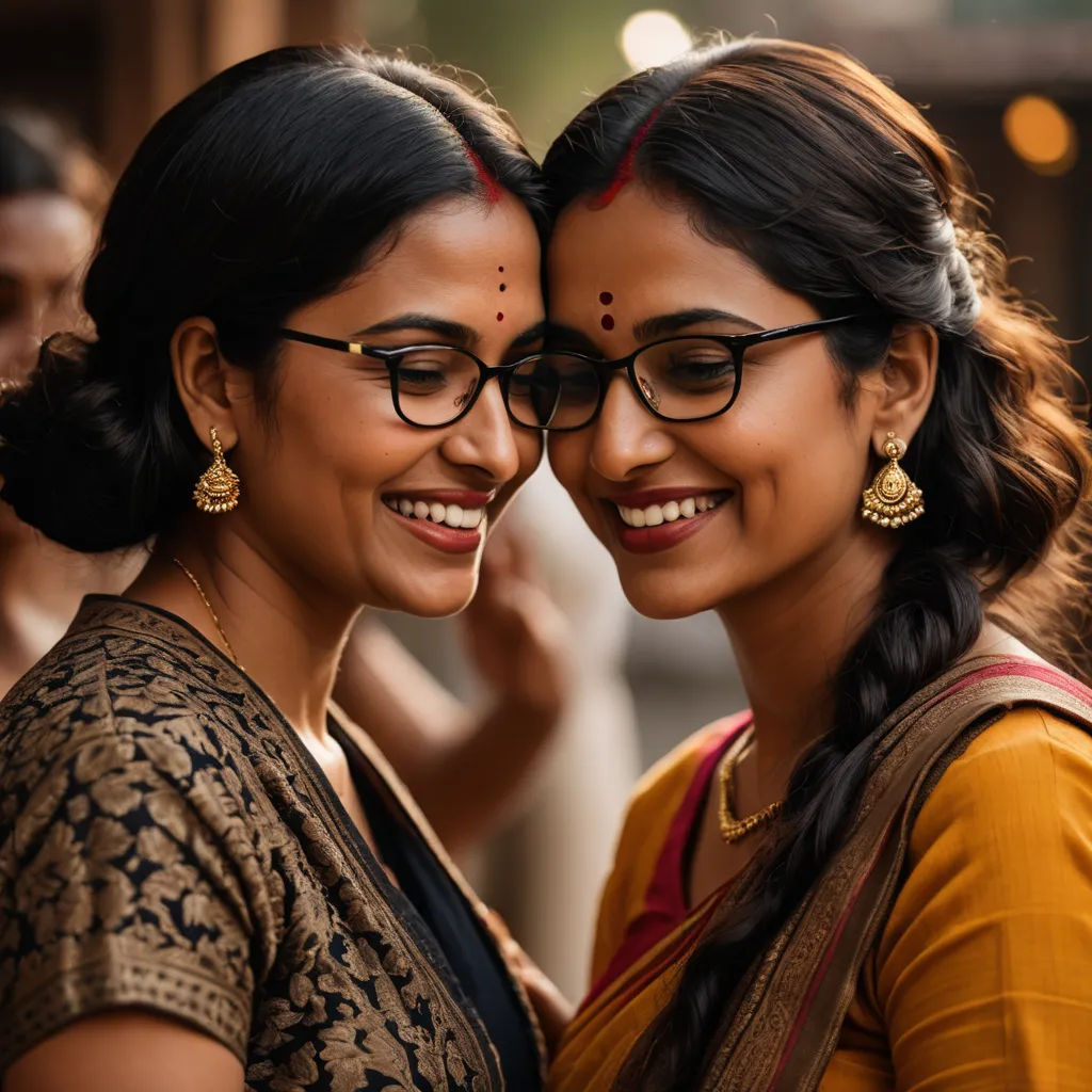 two women are smiling and looking at something on their phone together, both wearing glasses and smiling at the camera, samikshavad, a photocopy, Ella Guru, movie still frame