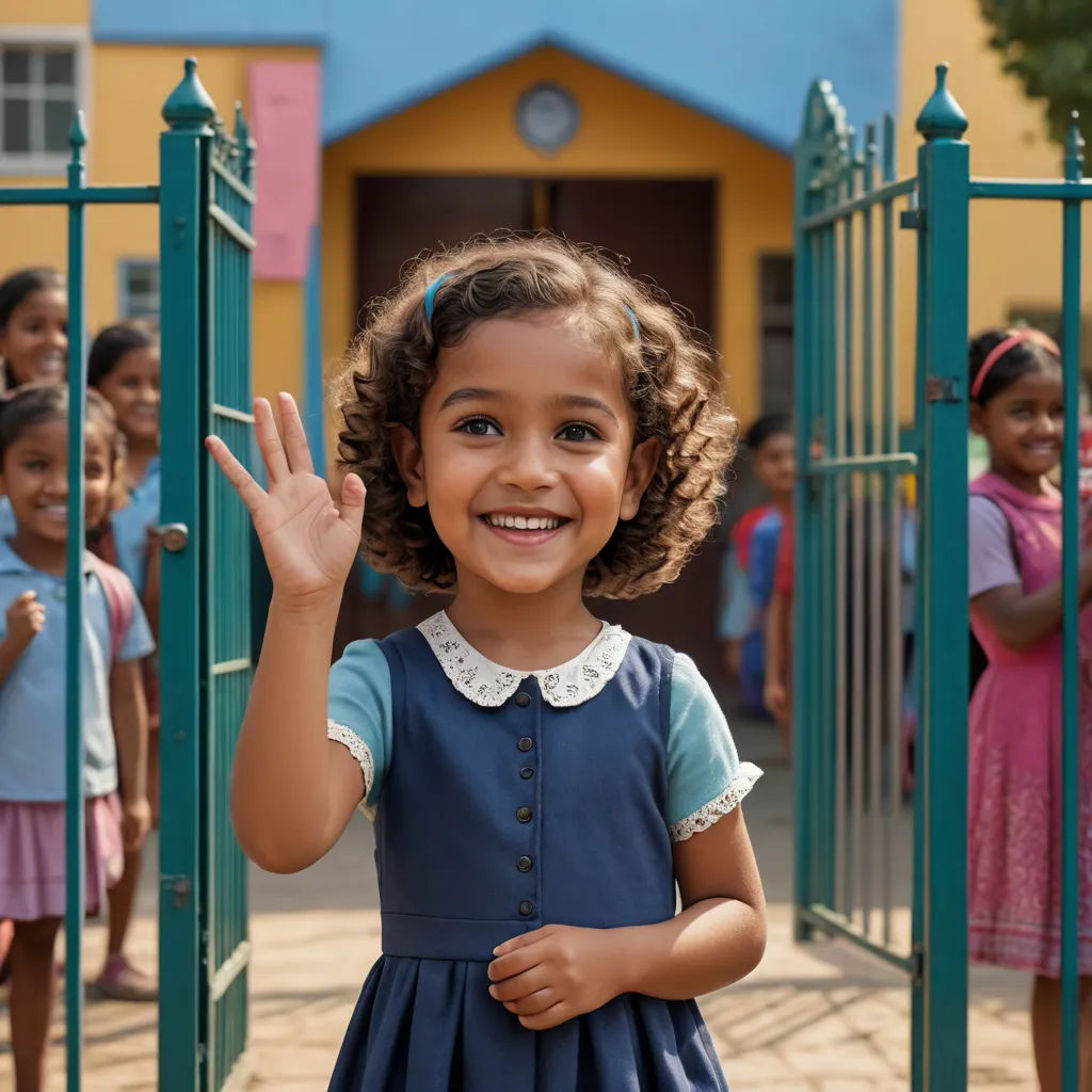 a little girl standing in front of a green gate with her hand up in the air and smiling at the camera, danube school, a stock photo, Ella Guru, jayison devadas