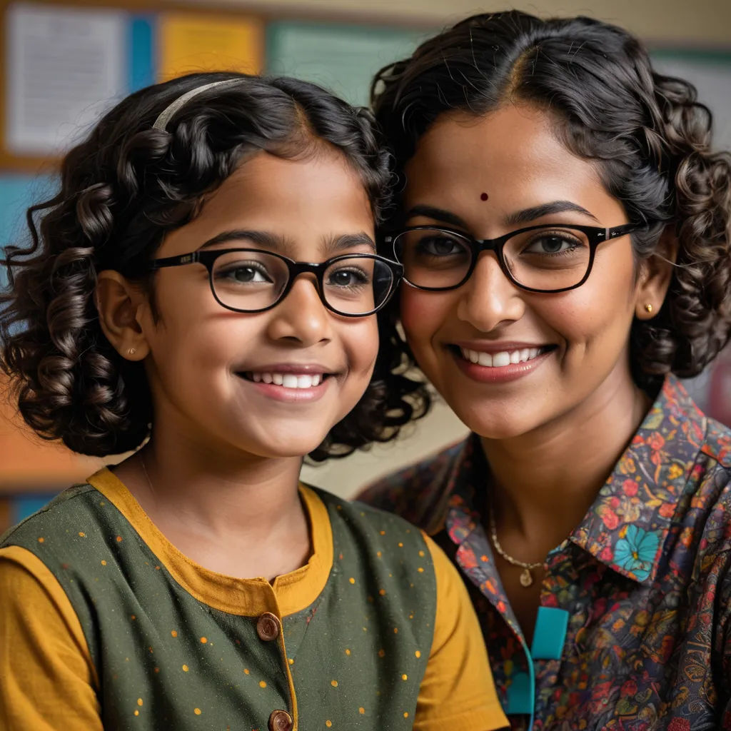 a woman and a child are smiling for the camera together in a classroom setting with posters on the wall, samikshavad, a photocopy, Ella Guru, promotional image