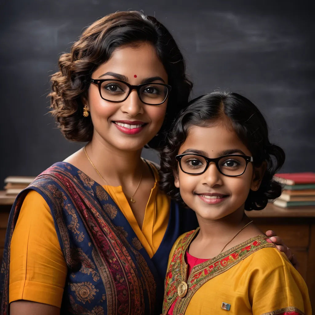 a woman and a girl are posing for a picture together in front of a blackboard background with a chalkboard behind them, samikshavad, a photocopy, Ella Guru, promotional image