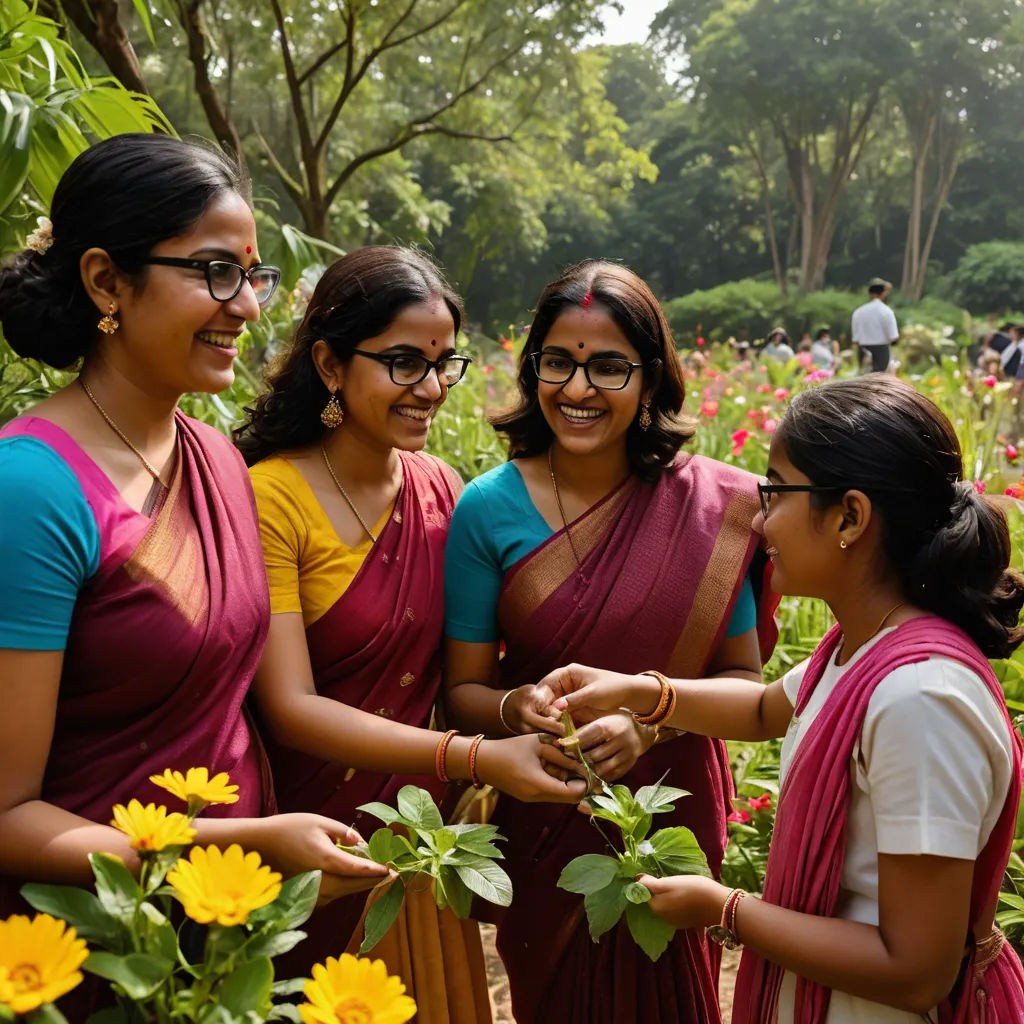 a group of women standing next to each other in a field of flowers and trees with a woman holding a flower, samikshavad, a stock photo, Bholekar Srihari, summer vibrancy