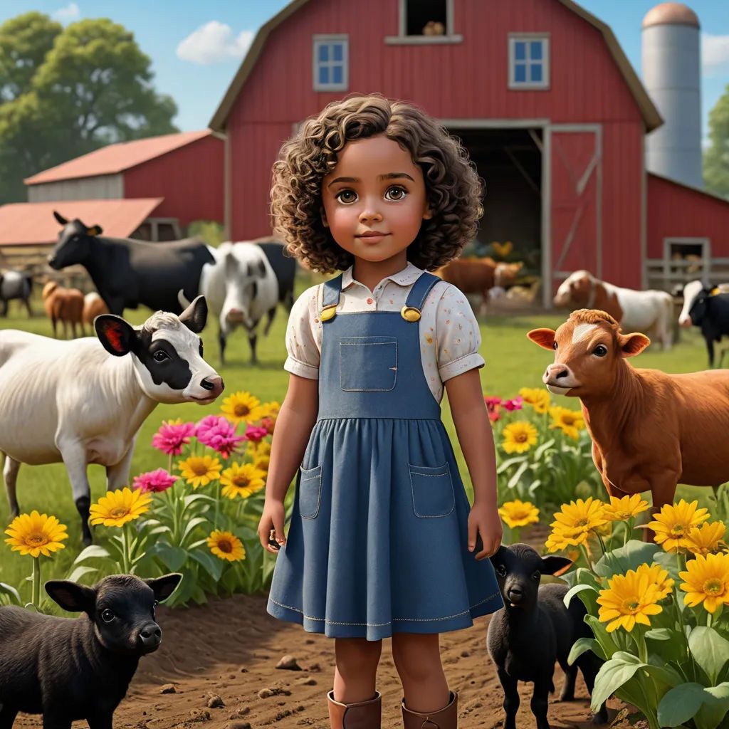 a little girl standing in a field of flowers with cows and a barn in the background with a red barn, american impressionism, a poster, Dorothy Coke, promotional image
