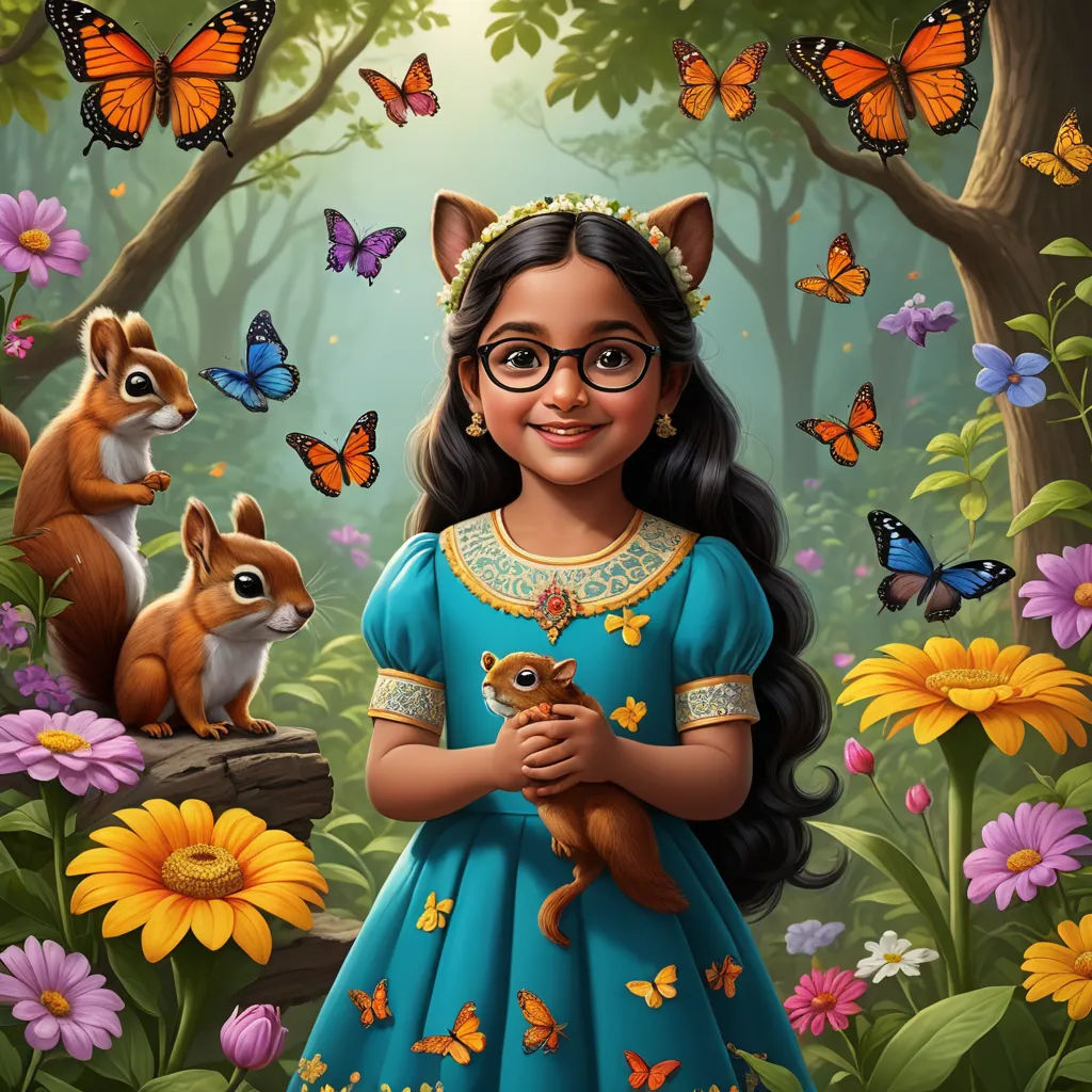 a girl in a blue dress holding a squirrel in a forest with butterflies and flowers around her and a forest scene behind her, magical realism, a storybook illustration, Ella Guru, comic cover art
