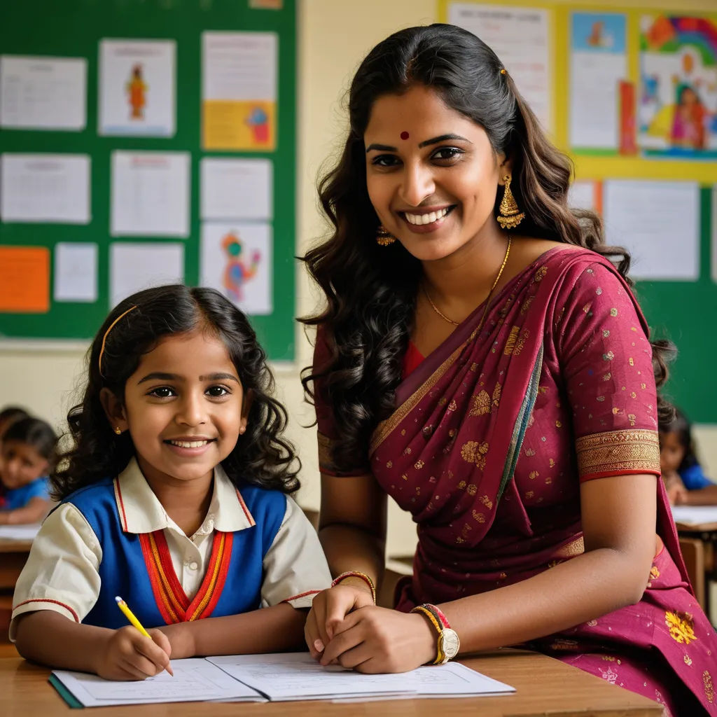 a woman sitting at a desk with a child in front of her smiling at the camera with a pencil in her hand, danube school, a child's drawing, Ella Guru, promotional image