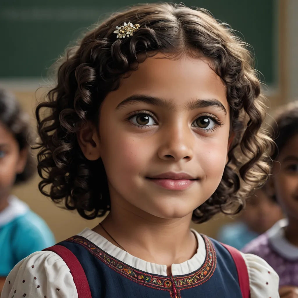 a young girl with curly hair and a flower in her hair stands in front of a group of other children, danube school, a character portrait, Ella Guru, promotional image