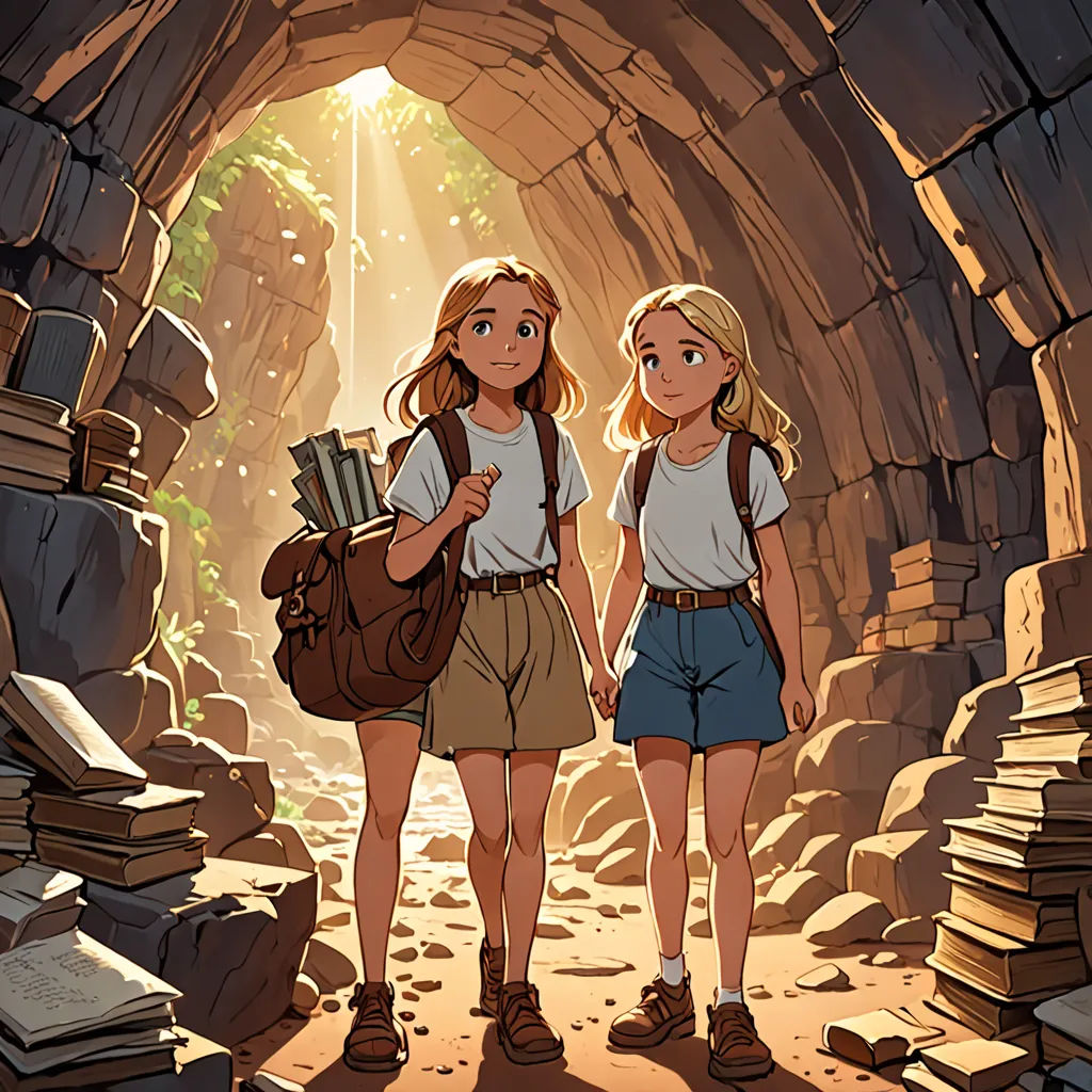 two girls are walking through a cave with books in their hands and a backpack on their shoulder, and a backpack on their shoulder, fantasy art, a storybook illustration, Cliff Childs, rossdraws global illumination