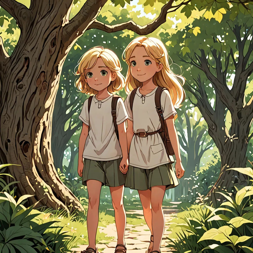 two girls walking down a path in the woods together, with trees in the background and a path leading to them, environmental art, a storybook illustration, Cliff Childs, cushart krenz