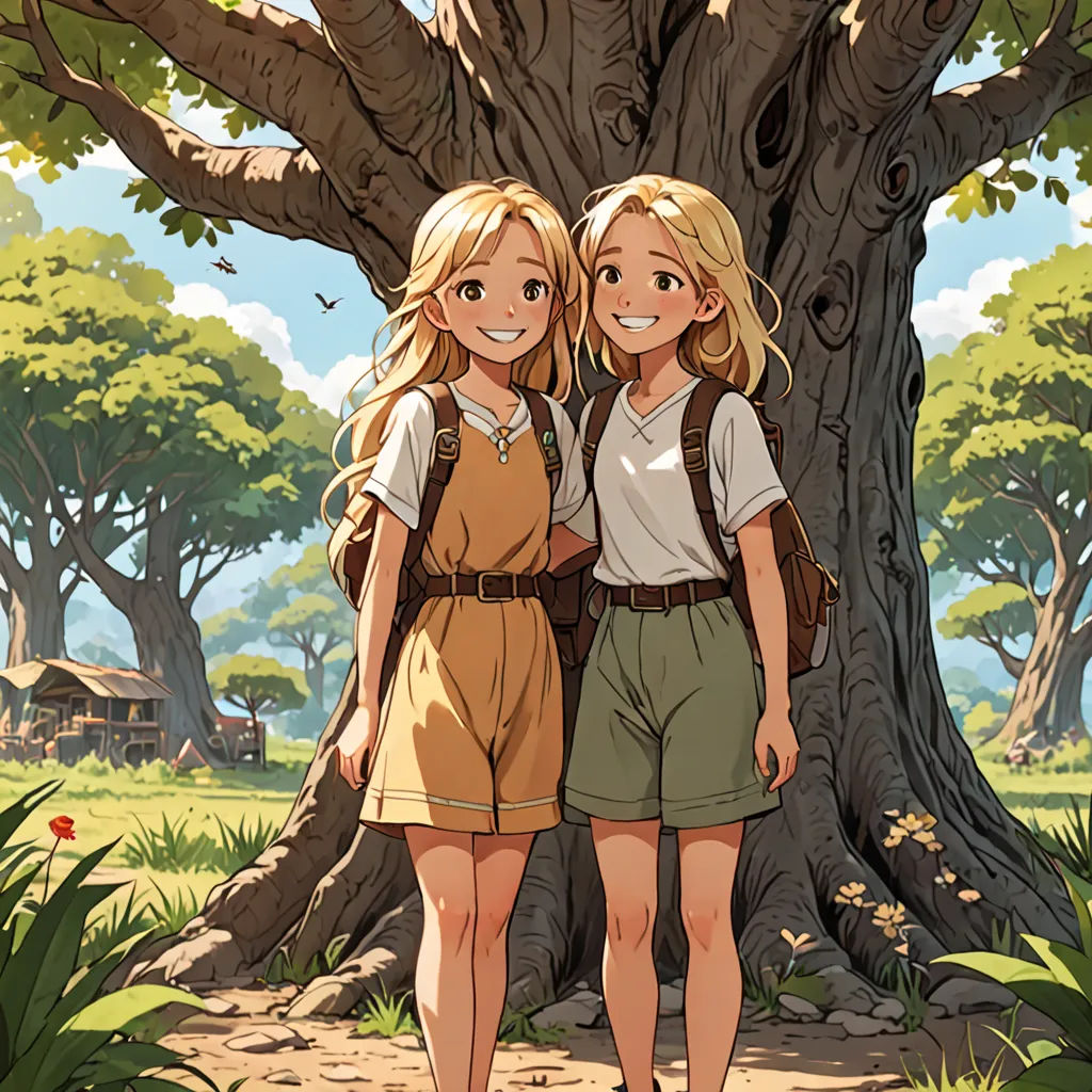 two girls standing in front of a tree in a forest with a house in the background and a bird flying overhead, fantasy art, a storybook illustration, Brothers Hildebrandt, cushart krenz