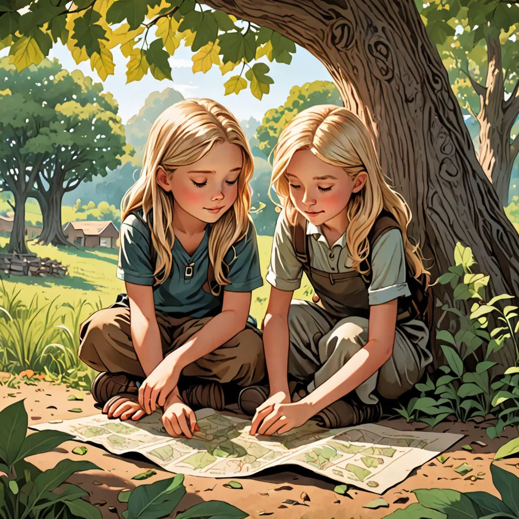 two young girls sitting on the ground looking at a map under a tree in a park, with a house in the background, american scene painting, a storybook illustration, Brothers Hildebrandt, rossdraws global illumination