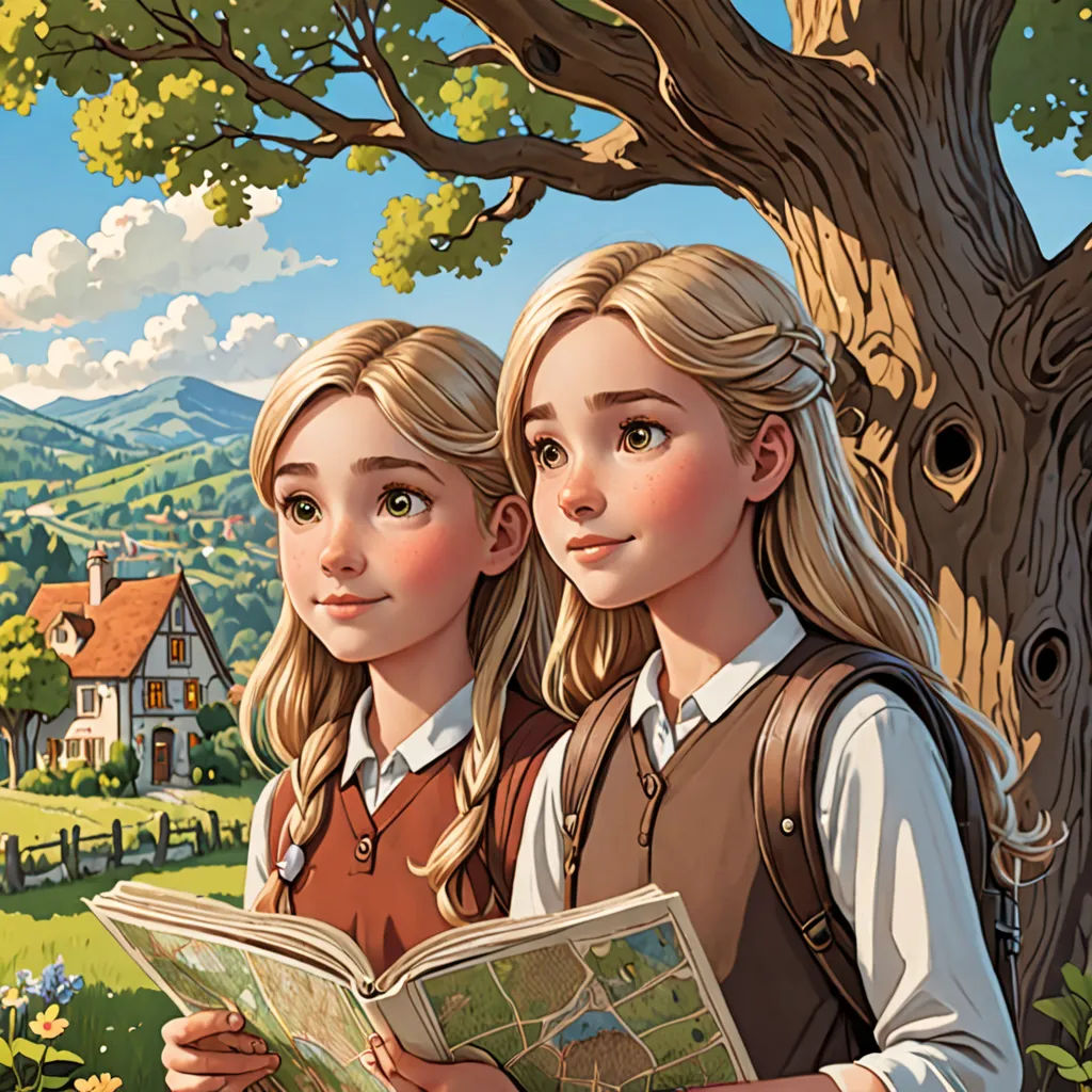 a painting of two girls looking at a map in a forest with a house in the background and a tree in the foreground, fantasy art, a storybook illustration, Brothers Hildebrandt, rossdraws global illumination