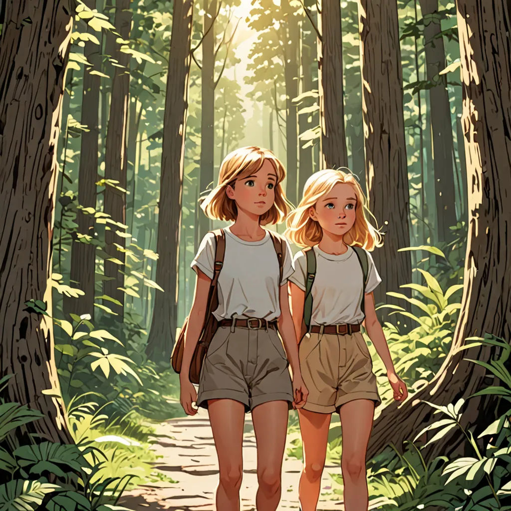 two girls walking in the woods with backpacks on their backs and a backpack on their back, with the sun shining through the trees, environmental art, a comic book panel, Atey Ghailan, rossdraws global illumination