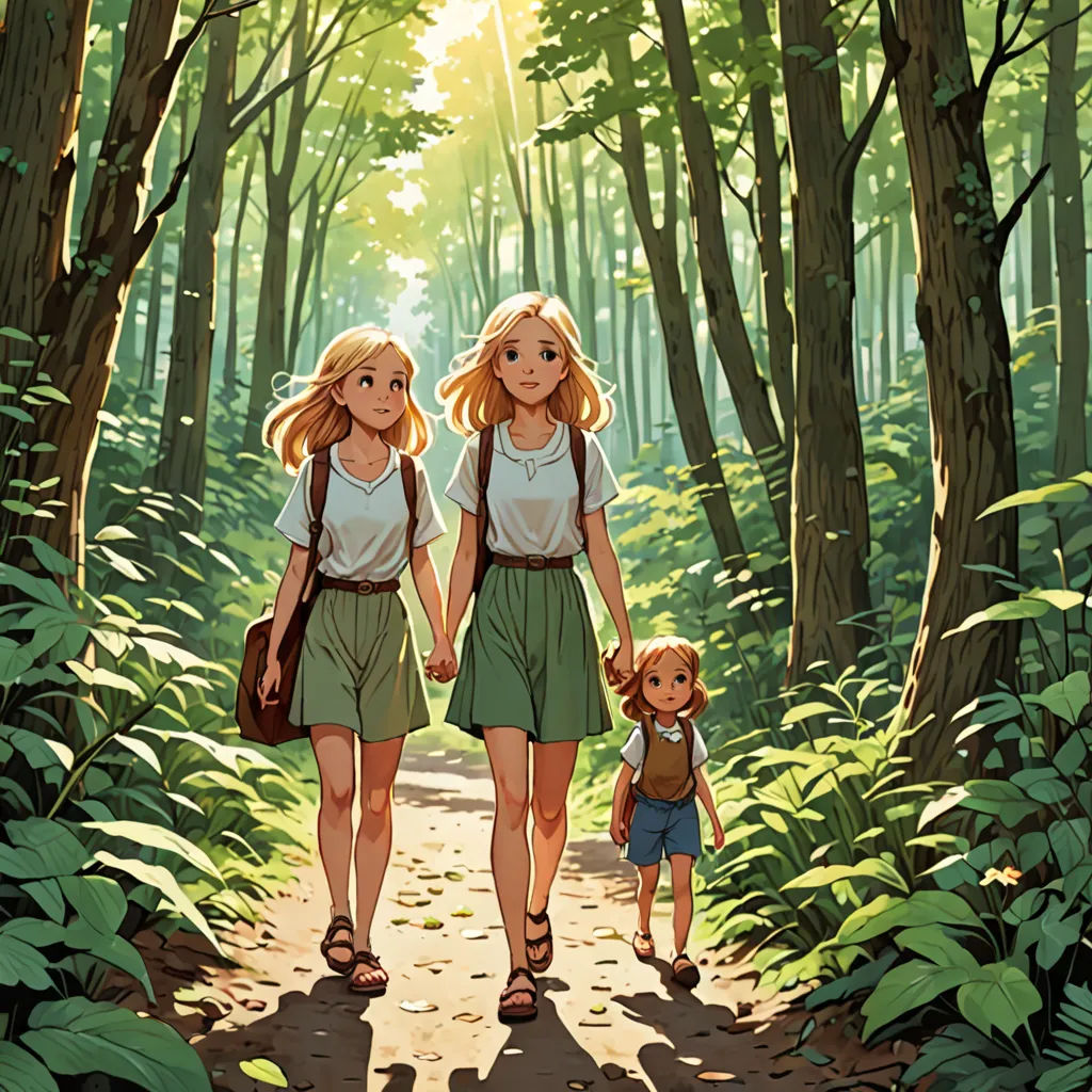 two girls walking down a path in the woods with a little boy on the other side of them holding hands, rayonism, a storybook illustration, Brothers Hildebrandt, official art