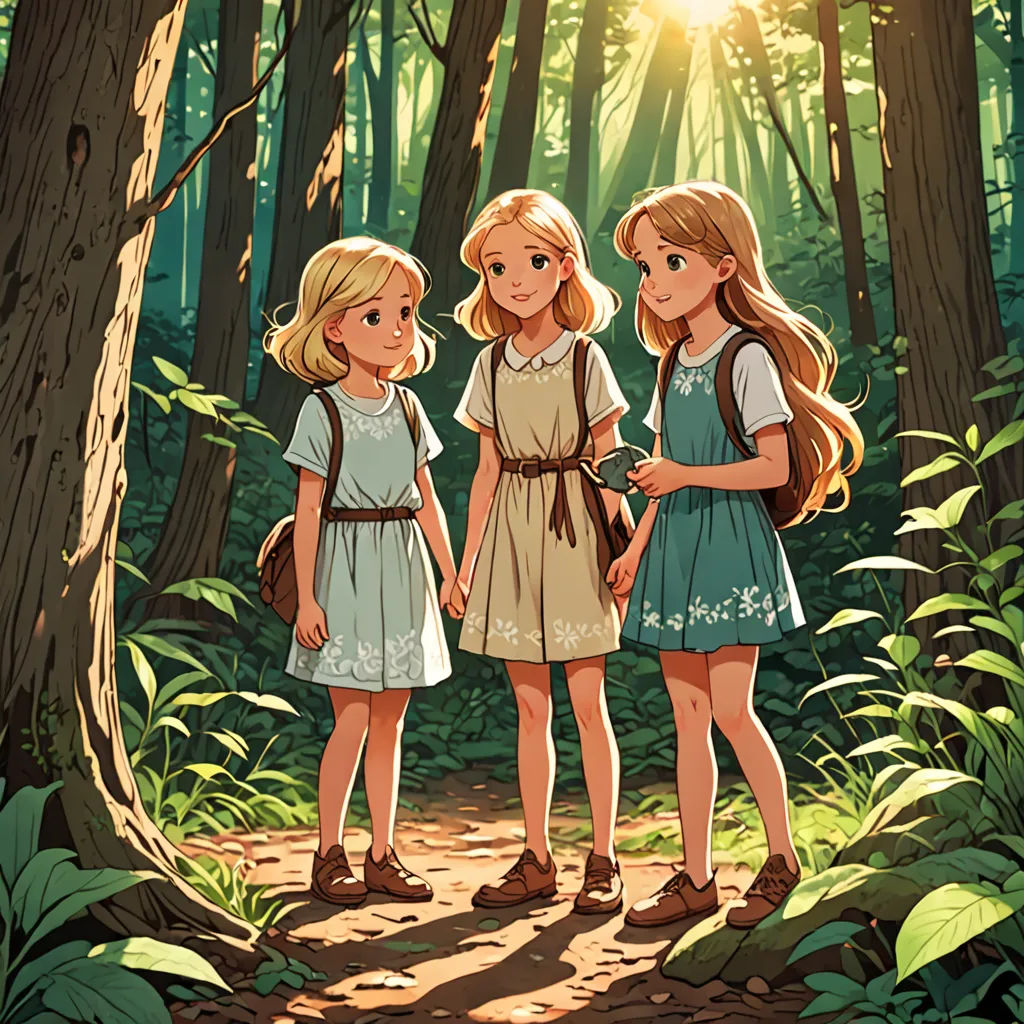 three girls standing in the woods with a camera in hand and a backpack on their back, looking at the camera, serial art, a storybook illustration, Anne Said, official art