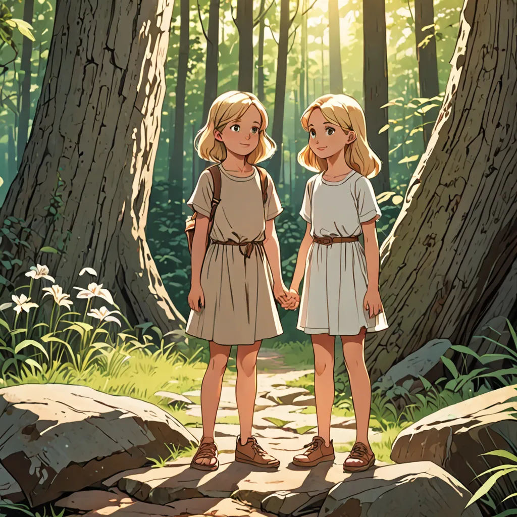 two girls standing in the woods holding hands and looking at each other with sunlight shining through the trees behind them, environmental art, poster art, Anne Said, official art