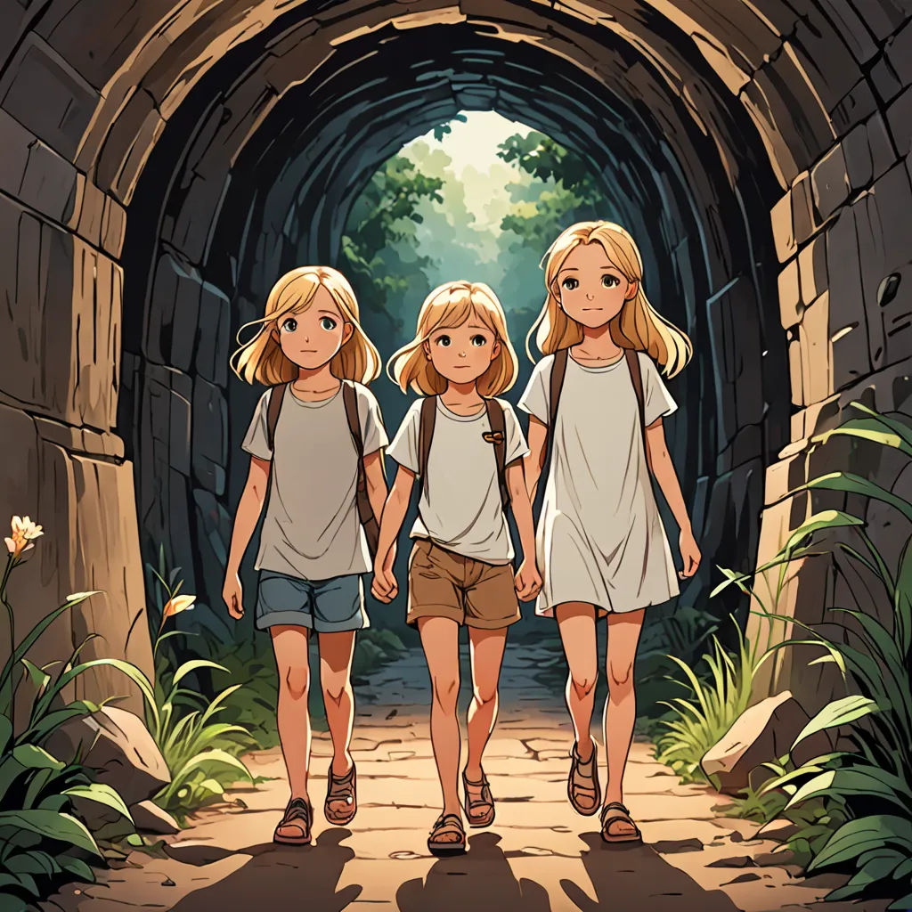 three girls walking down a path in a tunnel with a light at the end of the tunnel and a stone wall, rayonism, a storybook illustration, Cliff Childs, official art