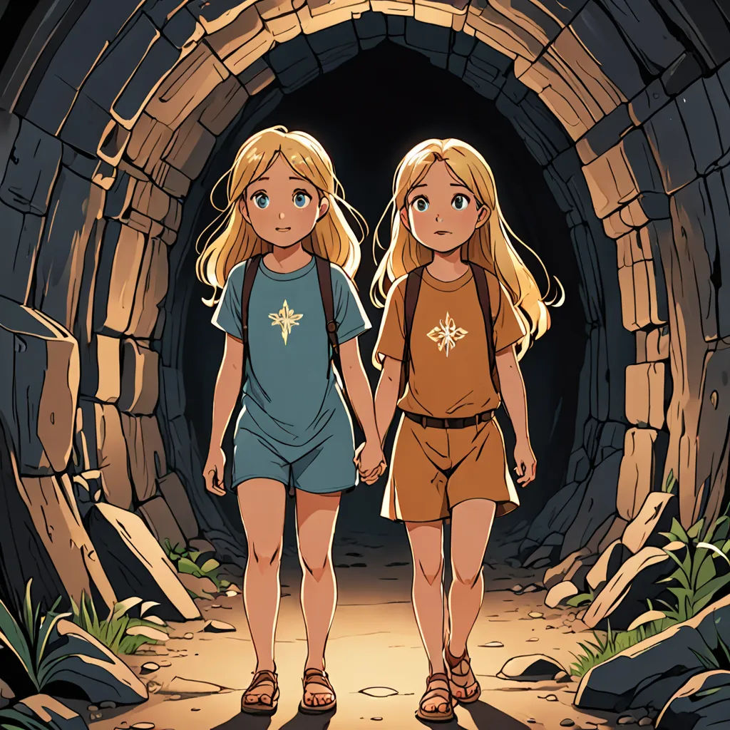 two girls are walking through a tunnel together in a cartoon style, with a stone wall and a stone archway, rayonism, a storybook illustration, Cliff Childs, rossdraws global illumination