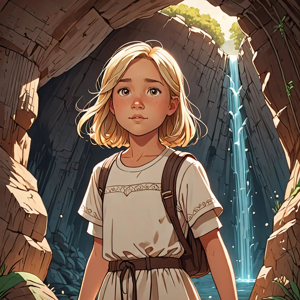 a girl standing in front of a waterfall in a cave with a backpack on her shoulder and a backpack on her shoulder, fantasy art, a storybook illustration, Cliff Childs, rossdraws global illumination