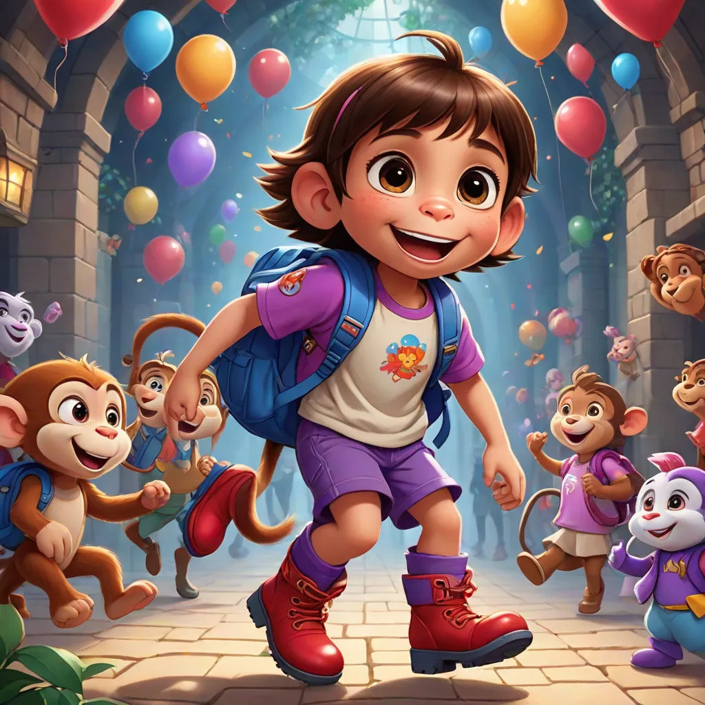 a cartoon boy with a backpack and monkey on a street with balloons and balloons in the background and a monkey on the ground, furry art, poster art, Diego Gisbert Llorens, promotional image