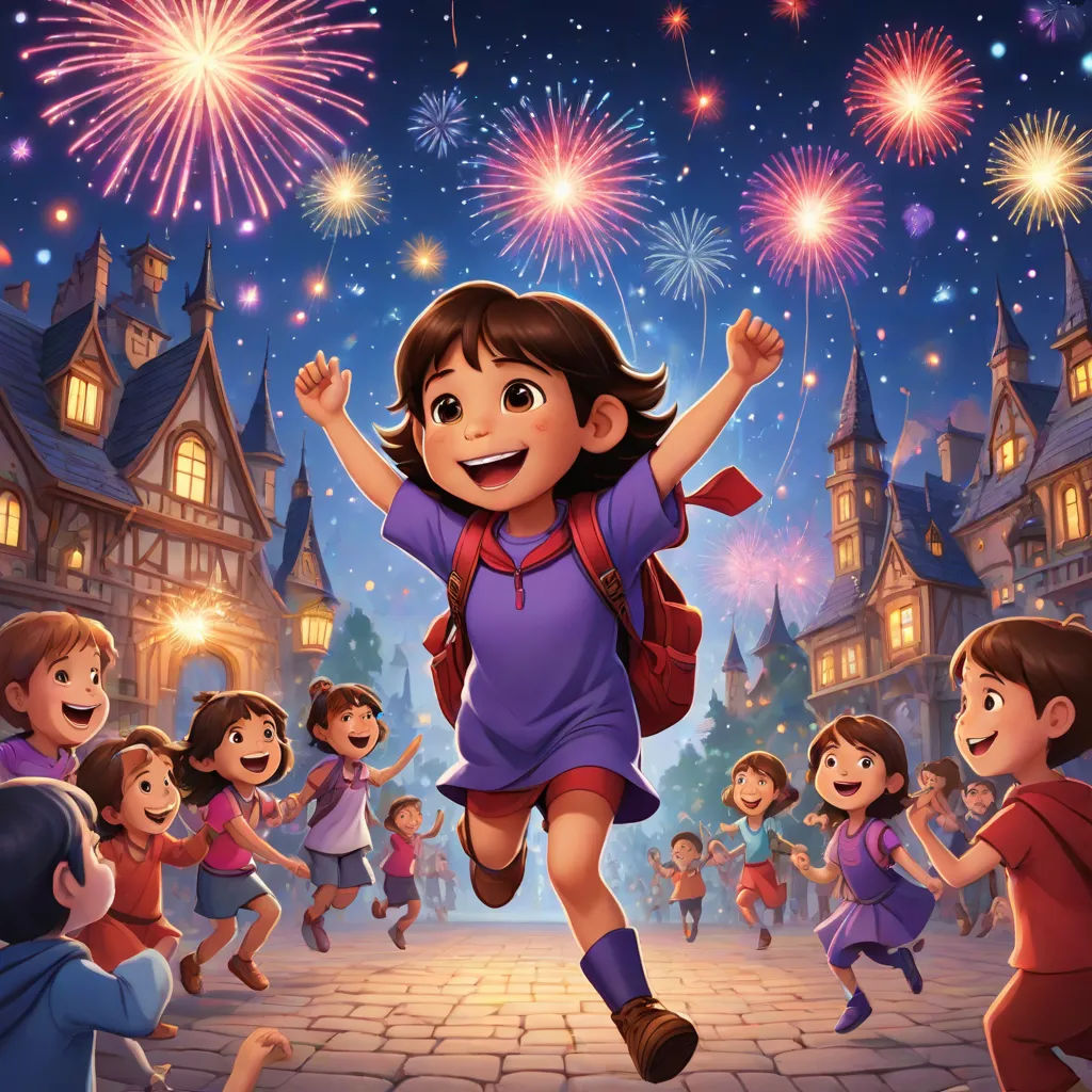 a cartoon girl running in front of a crowd of children with fireworks in the sky above her and a castle in the background, paris school, a storybook illustration, disney, promotional image