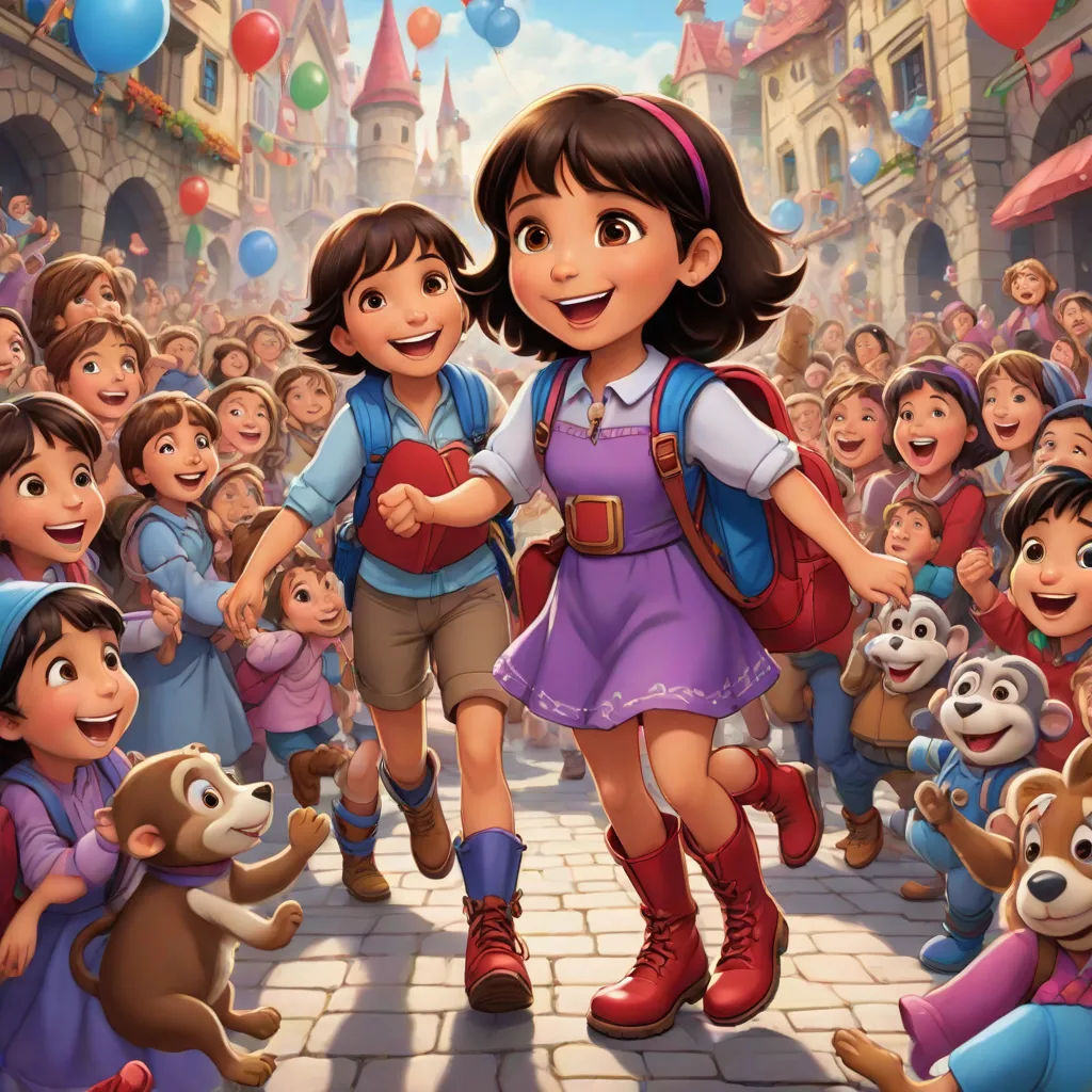 a cartoon of a girl and boy walking through a crowd of children with balloons in the background and a bear in the foreground, sots art, a storybook illustration, disney, official art