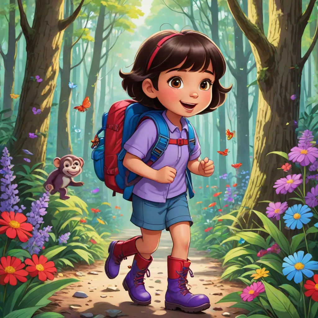 a girl with a backpack is walking through the woods with a monkey on her back and a monkey on the other side of the path, serial art, a character portrait, Ada Hill Walker, promotional image
