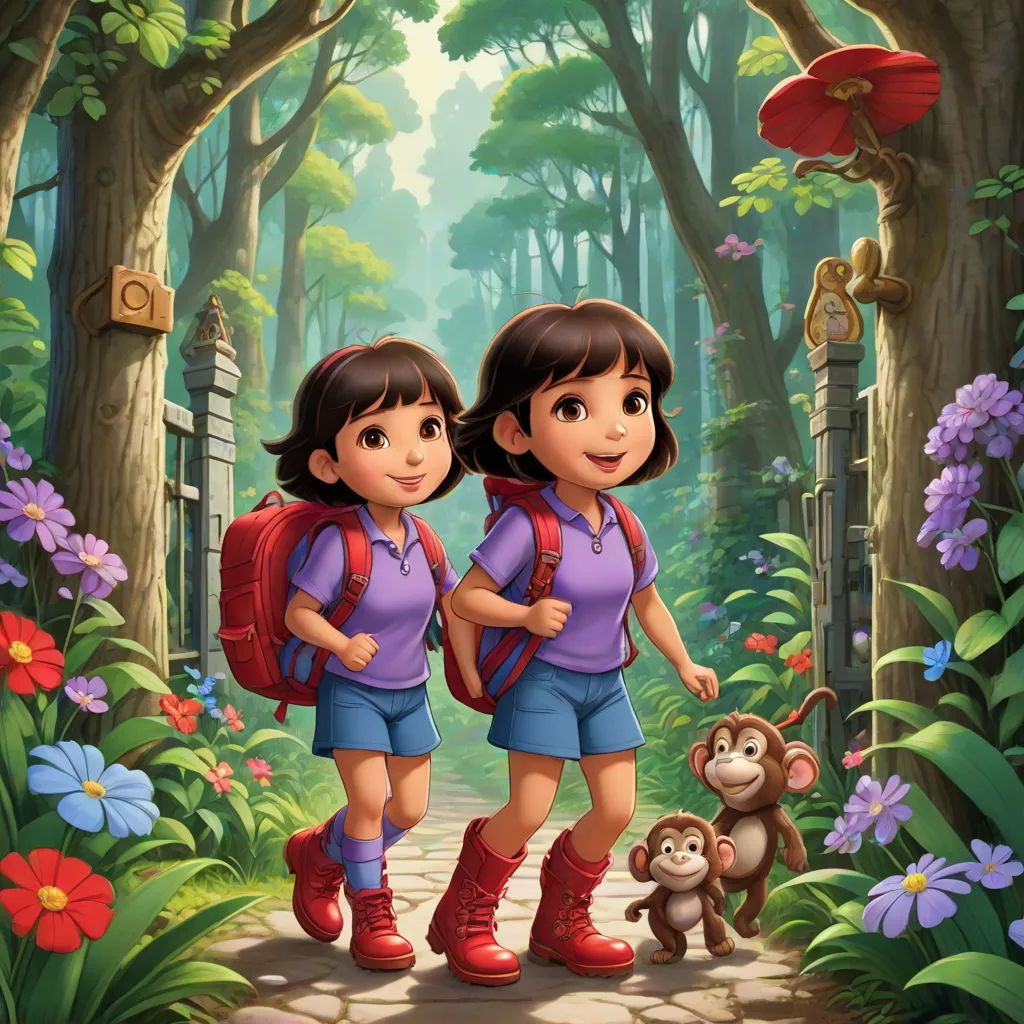 two girls are walking through the forest with a monkey and a monkey on the path to the entrance of the forest, serial art, poster art, Ada Gladys Killins, promotional image