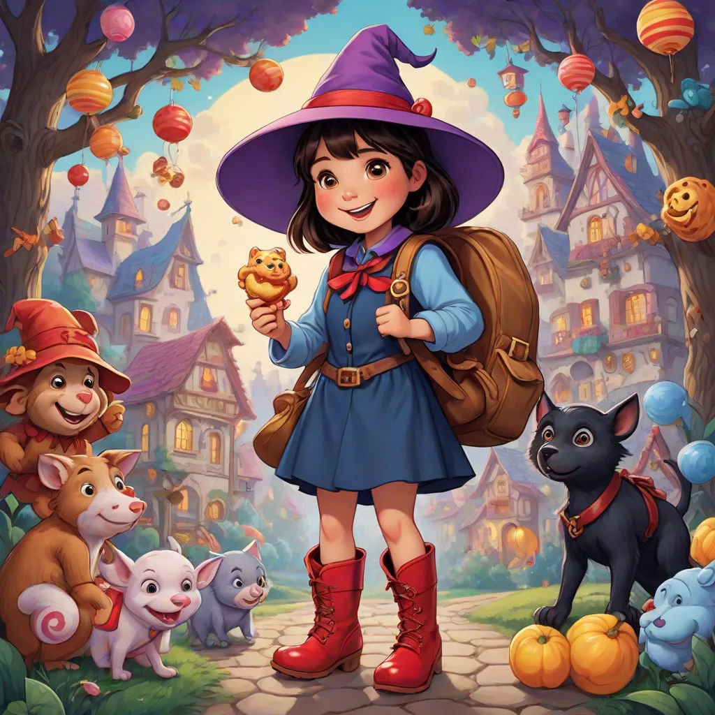a girl in a witch costume is holding a bag and standing in front of a bunch of animals and a pumpkin, fantasy art, a storybook illustration, Evaline Ness, key art