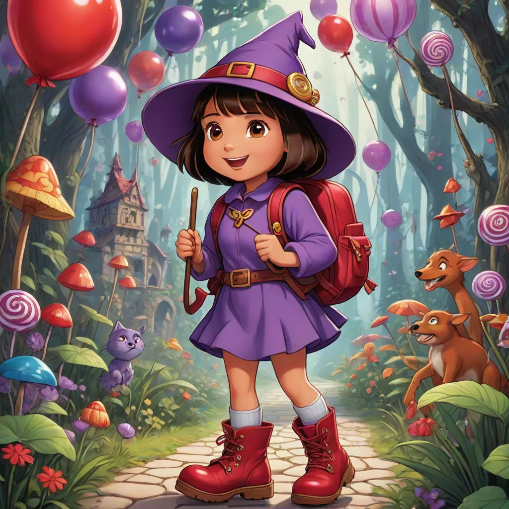 a cartoon girl with a backpack and a wand in a forest with balloons and a house on the hill, fantasy art, a character portrait, Clarice Beckett, official art