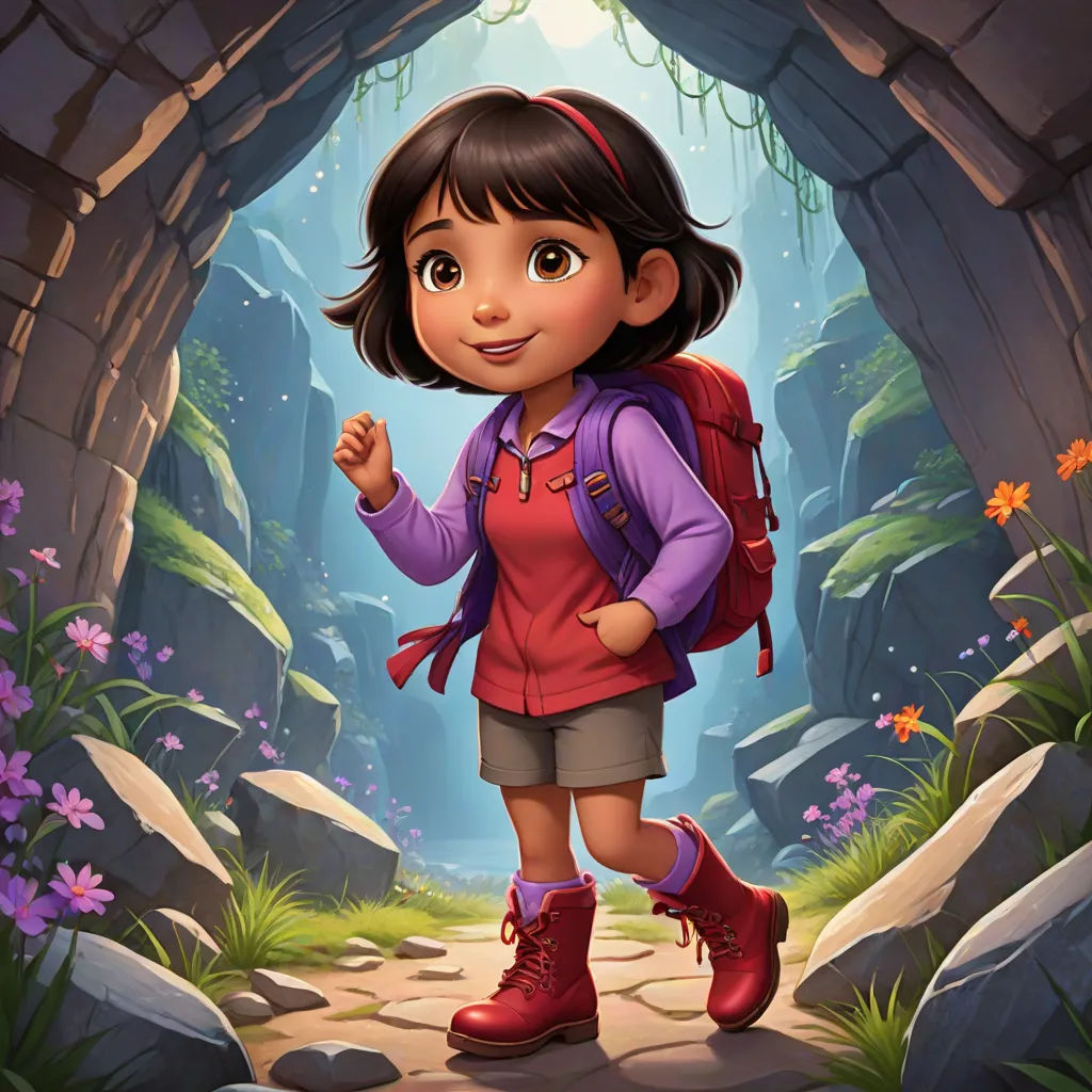 a cartoon girl with a backpack is standing in a cave with flowers and rocks on the ground and a light shining on her face, sots art, a character portrait, Ada Hill Walker, promotional image