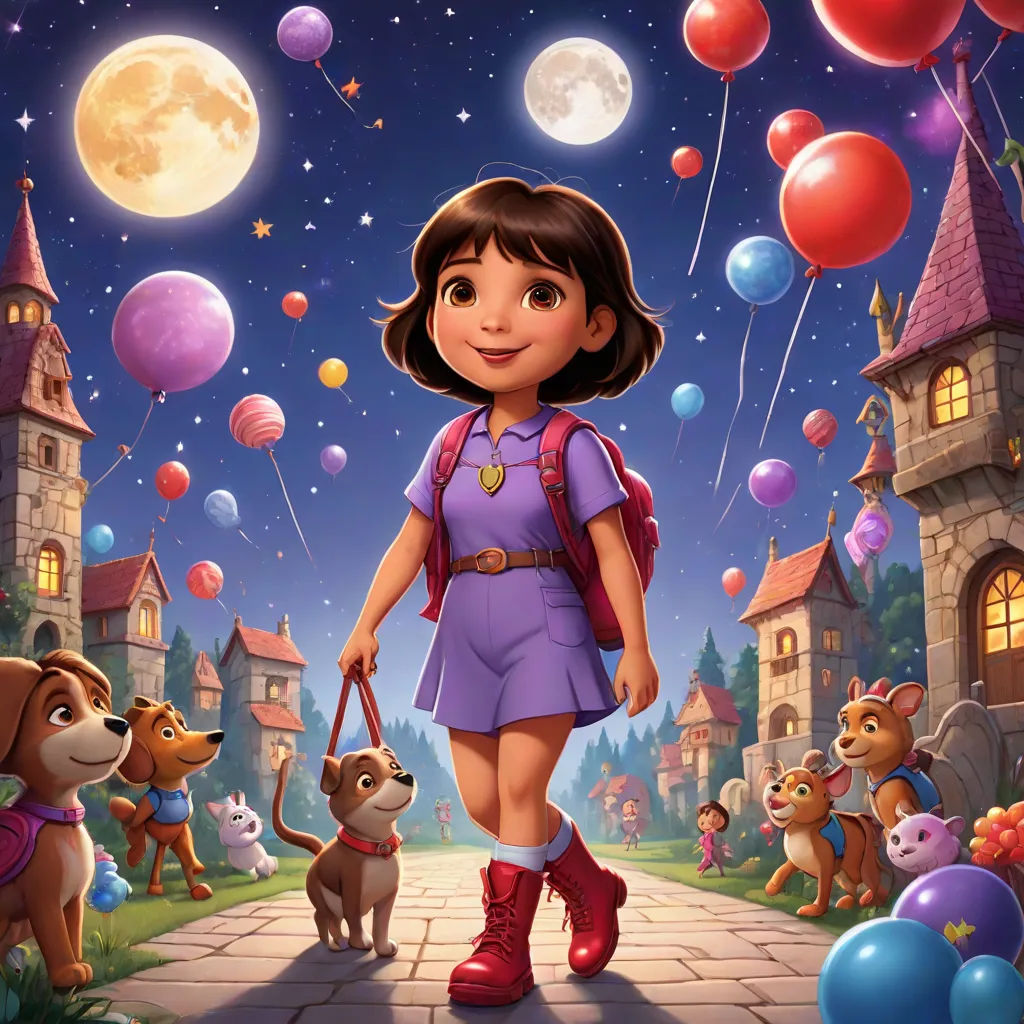 a cartoon girl with a dog and balloons in the sky above her is a castle and a lot of balloons, space art, poster art, Alice Prin, promotional image