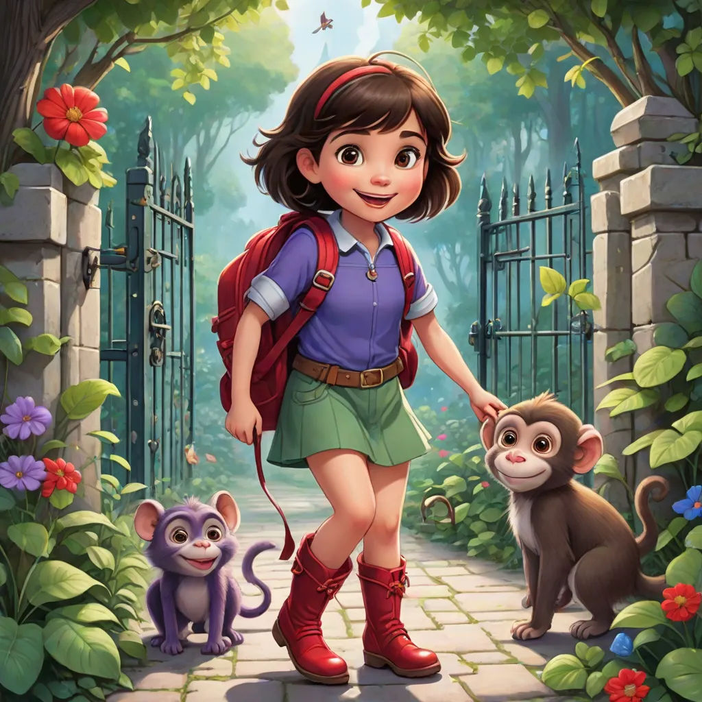 a girl with a backpack and monkey in a garden with a gate and flowers and a gated entrance, furry art, a character portrait, Claire Falkenstein, promotional image