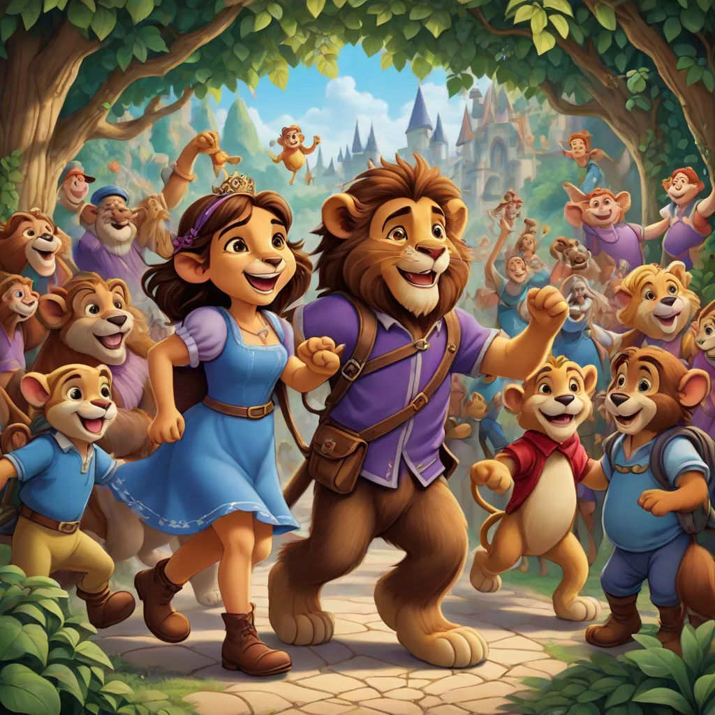 a cartoon scene of a lion and a girl in a forest with other animals and a man in a blue shirt, furry art, poster art, disney, promotional image