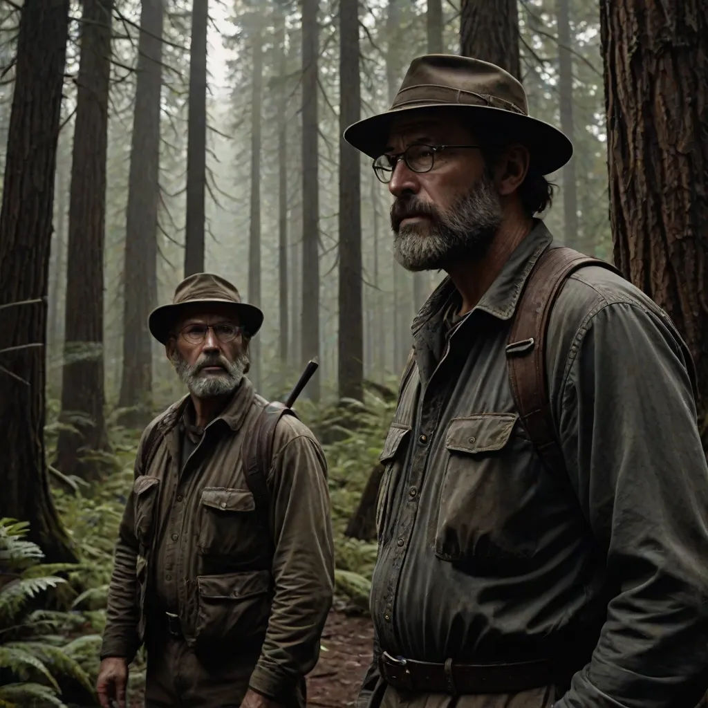 two men in the woods with trees and plants in the background, one wearing a hat and the other a brown jacket, Clark Voorhees, primitivism, a colorized photo, promotional image