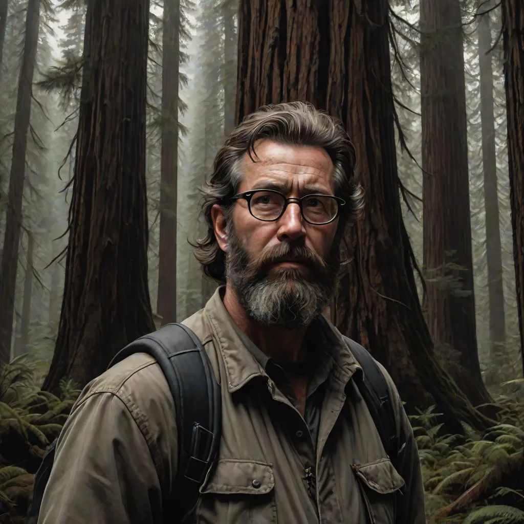 a man with a beard and glasses standing in a forest with trees and ferns in the background, with a backpack on his shoulder, David Palumbo, photorealism, a hyperrealistic painting, extremely detailed oil painting