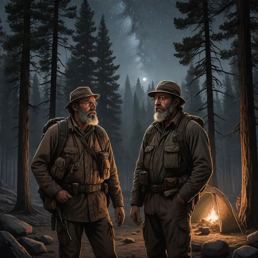 two men standing next to each other in the woods at night with a campfire in the background and a tent in the foreground, David Palumbo, primitivism, an ultrafine detailed painting, official art