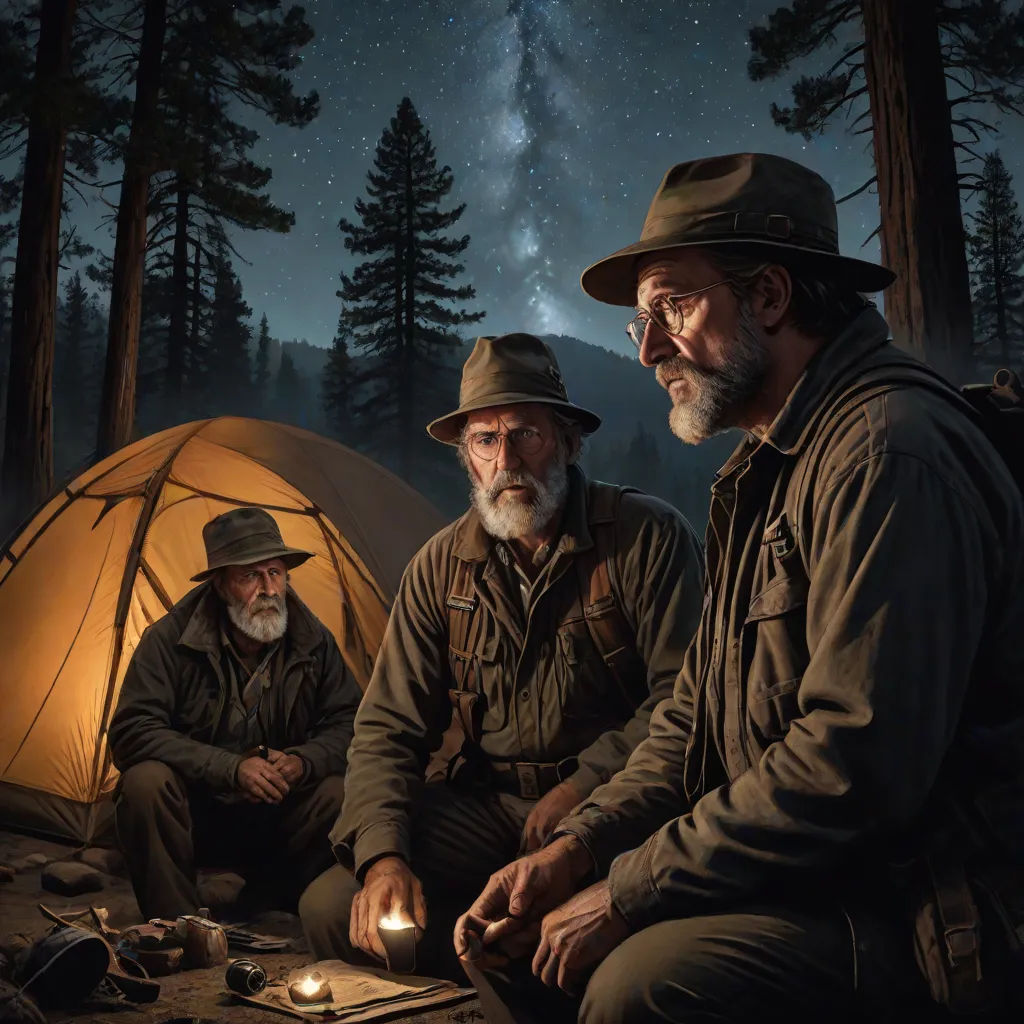 two men sitting next to each other in front of a tent at night with a sky full of stars, Brothers Hildebrandt, photorealism, a photorealistic painting, highly detailed digital painting