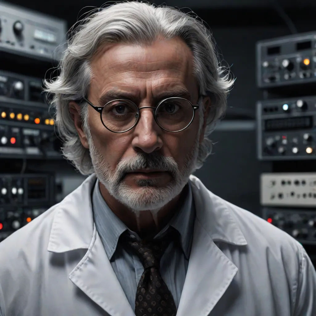a man in a lab coat and tie in front of a bunch of control equipment in a room with many switches, Elias Goldberg, institutional critique, a character portrait, vfx