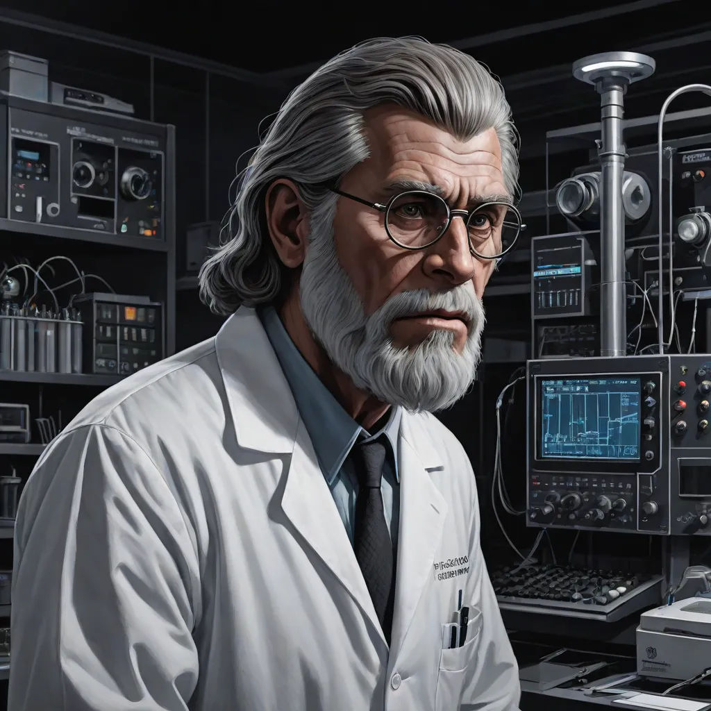 a man in a lab coat and glasses standing in front of a computer screen and equipment in a room, Brothers Hildebrandt, sots art, a character portrait, official art