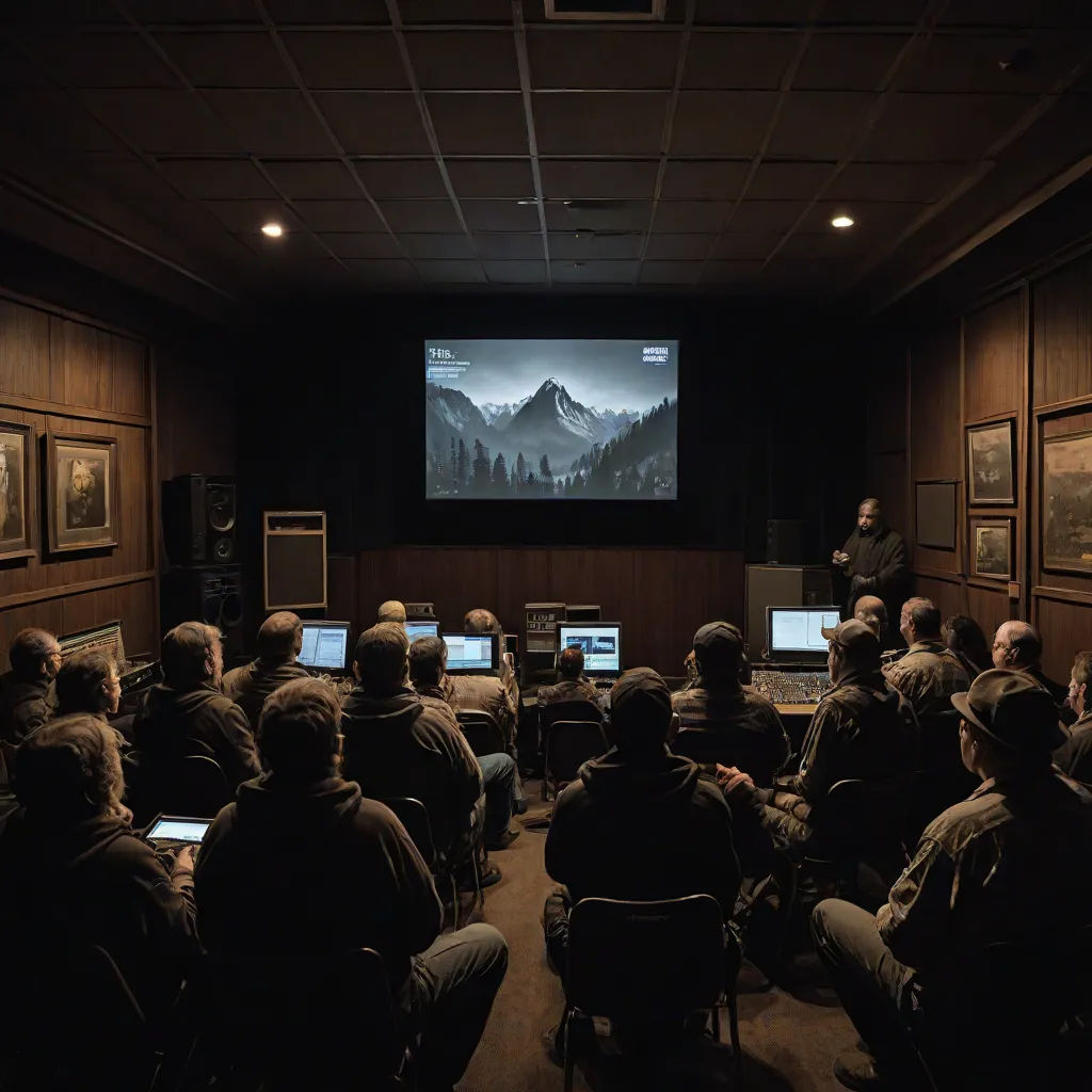 a group of people sitting in front of laptops in a room with a projector screen on the wall, Bedwyr Williams, american barbizon school, a detailed matte painting, weta digital