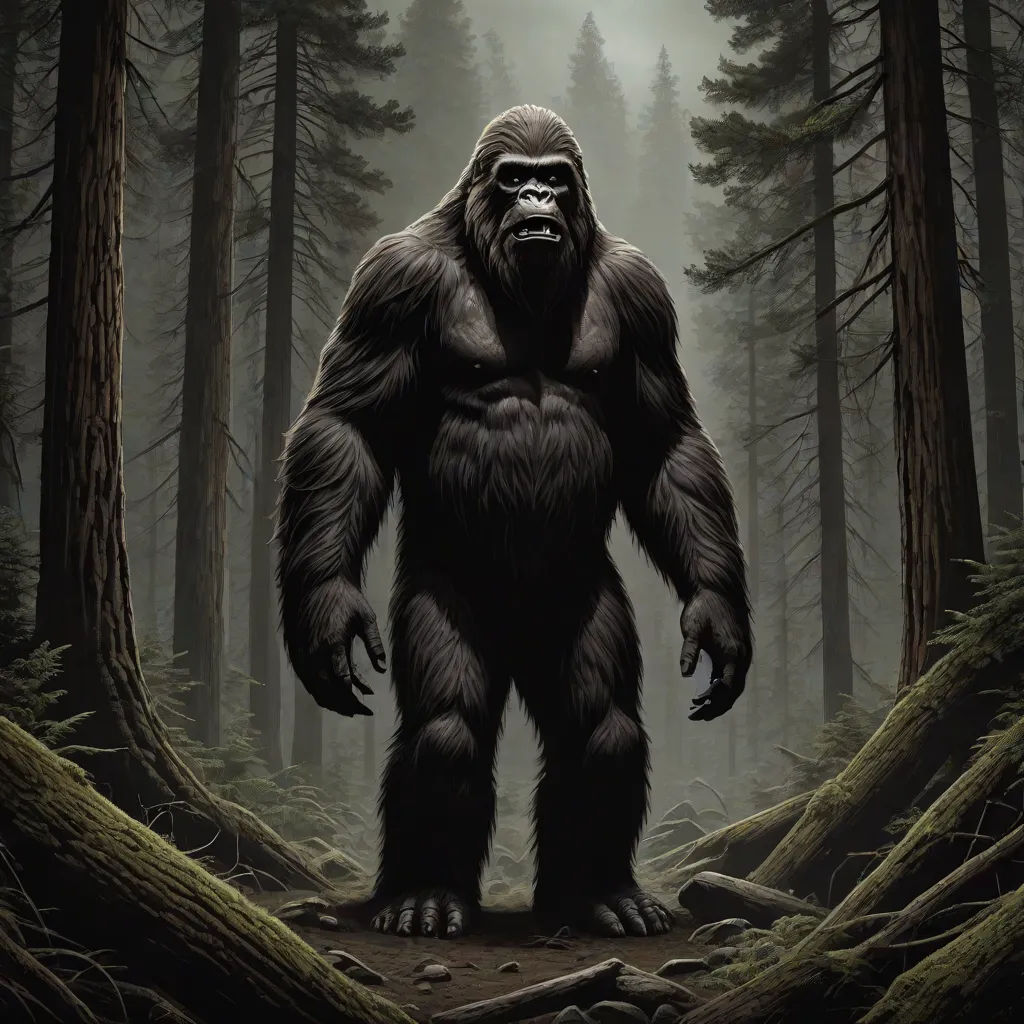 a bigfoot standing in the middle of a forest with trees and fog in the background, with a full moon in the sky, Ed Binkley, serial art, an illustration of, weta digital