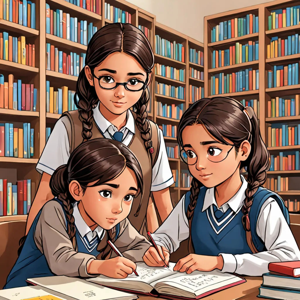 a group of girls sitting at a table in front of a bookcase filled with books and writing on paper, danube school, a comic book panel, Anthony Devas, official art