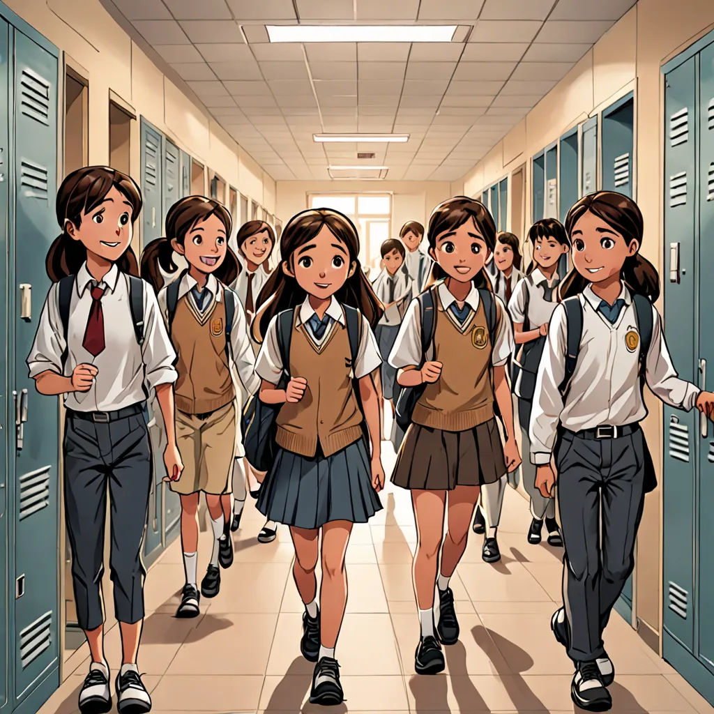 a group of school girls walking down a hallway together in uniforms and ties, with lockers in the background, rayonism, a manga drawing, Baiōken Eishun, official art