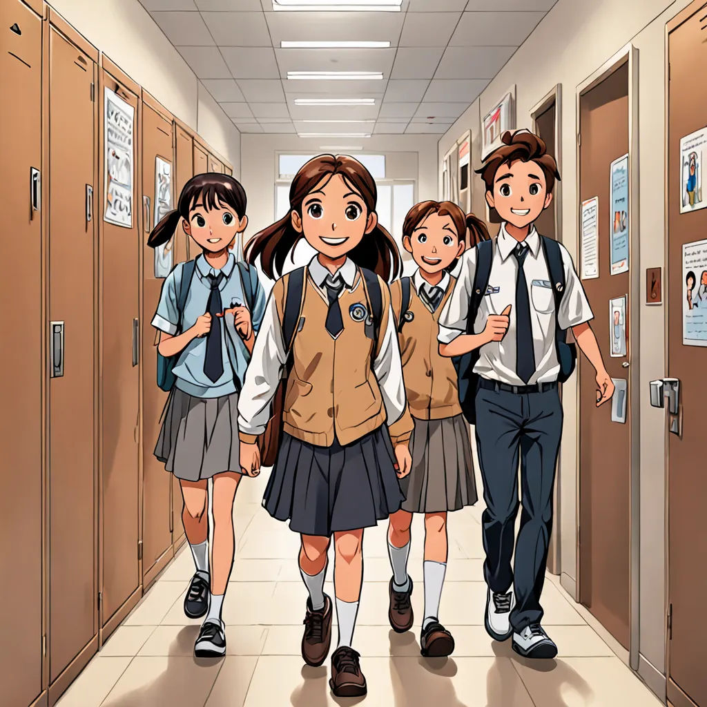 a group of children walking down a hallway in school uniforms and backpacks on their backs, with a teacher in the background, paris school, a comic book panel, Baiōken Eishun, official art