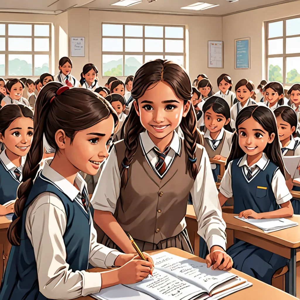 a painting of a girl in a classroom with other girls in the background and a teacher in the foreground, danube school, a comic book panel, Ella Guru, official art