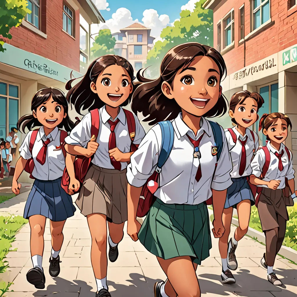 a group of young girls walking down a street next to a building with a clock tower on top of it, bengal school of art, a comic book panel, Choi Buk, official art